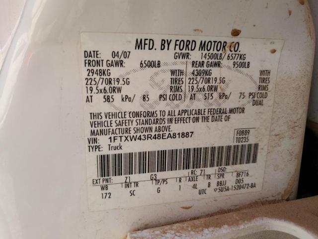 1FTXW43R48EA81887 - 2008 FORD F450 SUPER DUTY WHITE photo 12