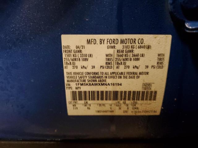 1FM5K8AWXMNA16194 - 2021 FORD EXPLORER POLICE INTERCEPTOR Mavi foto 12