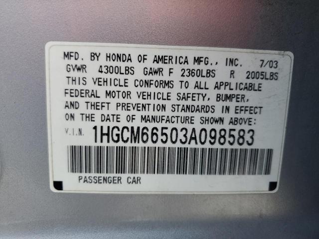 1HGCM66503A098583 - 2003 HONDA ACCORD EX SILVER photo 12