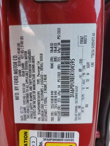 3FA6P0H98ER104595 - 2014 FORD FUSION SE RED photo 12