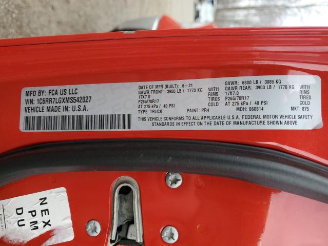 1C6RR7LGXMS542027 - 2021 RAM 1500 CLASS SLT წითელი ფოტო 13