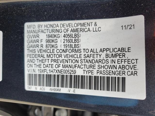 19XFL1H7XNE005259 - 2022 HONDA CIVIC EXL ნაცრისფერი ფოტო 12