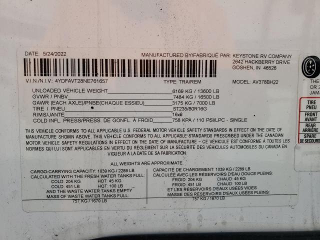 4YDFAVT28NE761657 - 2022 KEYSTONE AVALANCHE თეთრი ფოტო 10