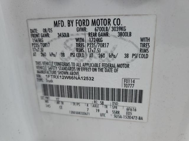 1FTRX12W66NA12532 - 2006 FORD F150 WHITE photo 12