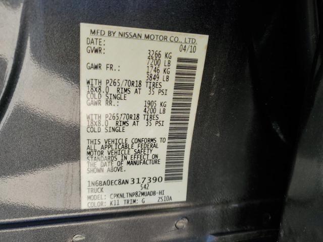 1N6BA0EC8AN317390 - 2010 NISSAN TITAN XE GRAY photo 12