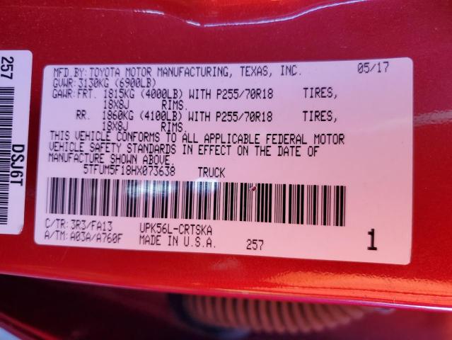 5TFUM5F18HX073638 - 2017 TOYOTA TUNDRA DOUBLE CAB SR/SR5 RED photo 13