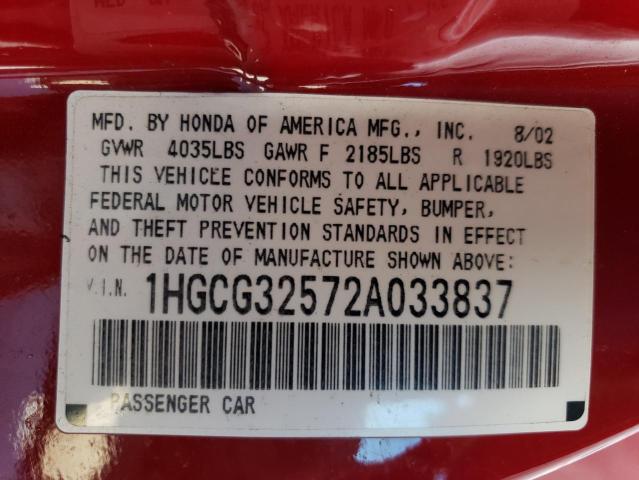 1HGCG32572A033837 - 2002 HONDA ACCORD EX RED photo 12