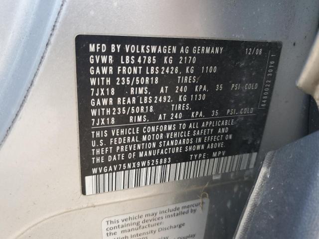 WVGAV75NX9W525883 - 2009 VOLKSWAGEN TIGUAN S SILVER photo 12