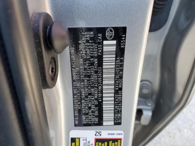 4T1B11HK3JU638203 - 2018 TOYOTA CAMRY L SILVER photo 12