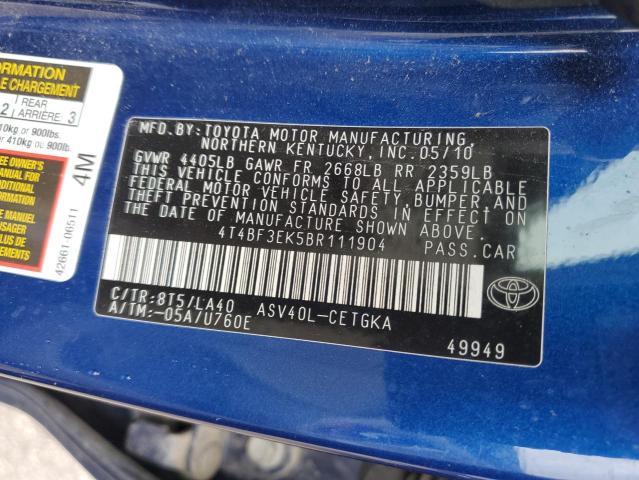 4T4BF3EK5BR111904 - 2011 TOYOTA CAMRY BASE BLUE photo 12