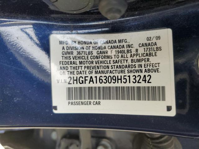 2HGFA16309H513242 - 2009 HONDA CIVIC VP BLUE photo 12