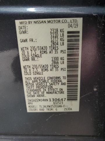 5N1AZ2MJ4KN130647 - 2019 NISSAN MURANO S BLACK photo 12