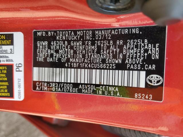 4T1BF1FK4CU566225 - 2012 TOYOTA CAMRY BASE RED photo 13