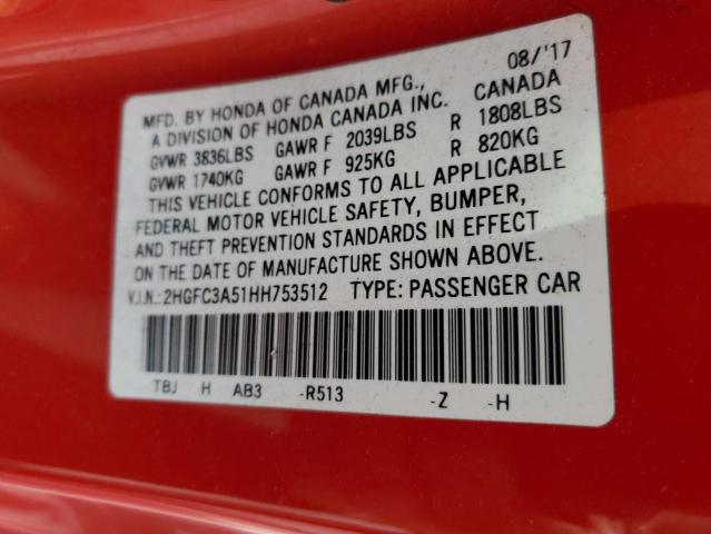 2HGFC3A51HH753512 - 2017 HONDA CIVIC SI RED photo 12