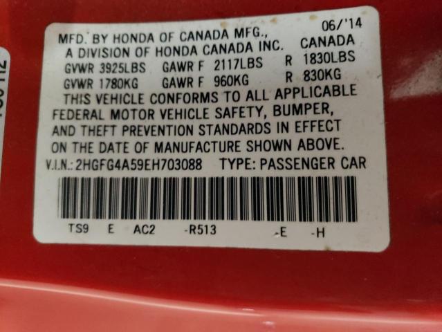 2HGFG4A59EH703088 - 2014 HONDA CIVIC SI RED photo 12