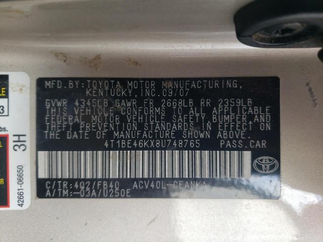 4T1BE46KX8U748765 - 2008 TOYOTA CAMRY CE TAN photo 12