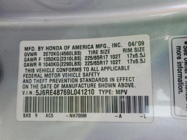 5J6RE48769L041210 - 2009 HONDA CR-V EXL SILVER photo 12