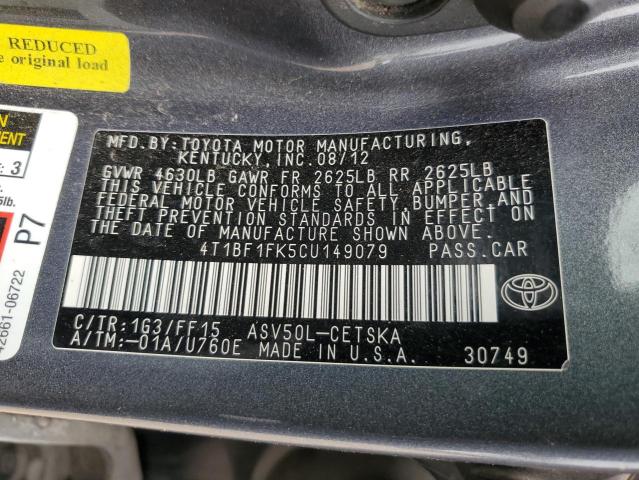 4T1BF1FK5CU149079 - 2012 TOYOTA CAMRY BASE CHARCOAL photo 13