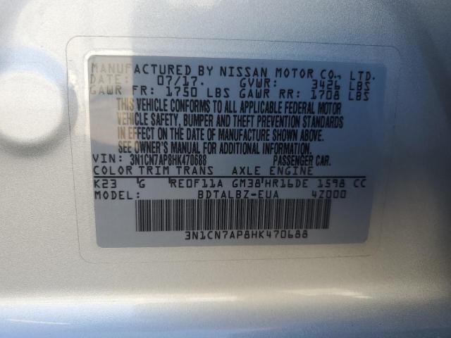 3N1CN7AP8HK470688 - 2017 NISSAN VERSA S SILVER photo 12