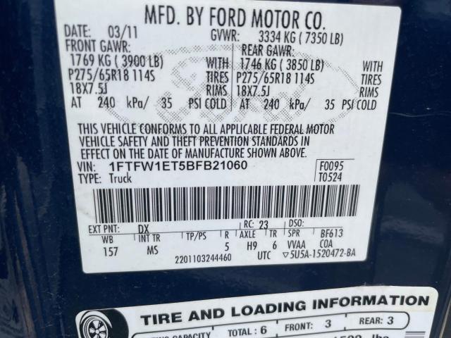 1FTFW1ET5BFB21060 - 2011 FORD F150 SUPERCREW BLUE photo 10