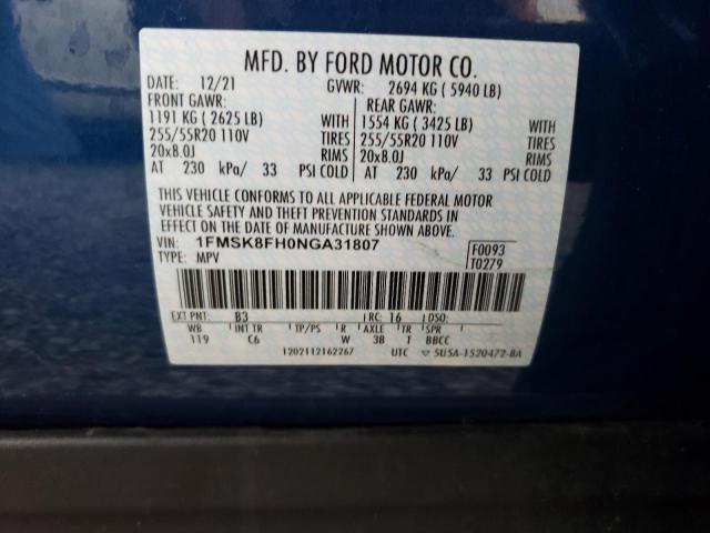 1FMSK8FH0NGA31807 - 2022 FORD EXPLORER LIMITED BLUE photo 13