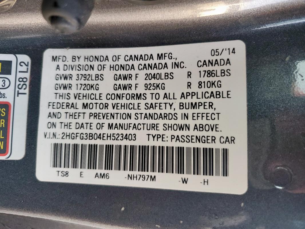 2HGFG3B04EH523403 - 2014 HONDA CIVIC EXL GRAY photo 13