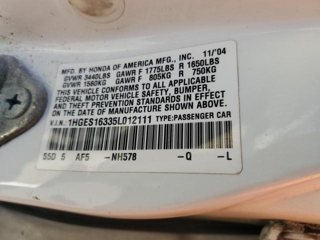1HGES16335L012111 - 2005 HONDA CIVIC DX VP თეთრი ფოტო 12