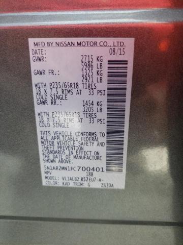 5N1AR2MN1FC700401 - 2015 NISSAN PATHFINDER S 灰色 照片 13