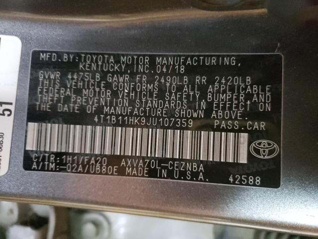 4T1B11HK9JU107359 - 2018 TOYOTA CAMRY L GRAY photo 12