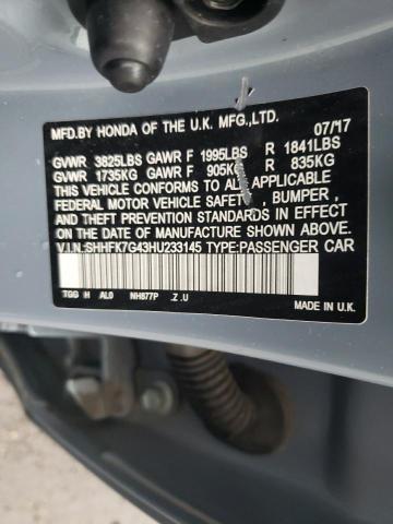 SHHFK7G43HU233145 - 2017 HONDA CIVIC SPORT 蓝色 照片 12