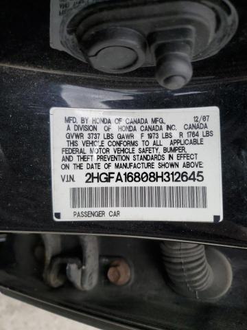 2HGFA16808H312645 - 2008 HONDA CIVIC EX BLACK photo 12