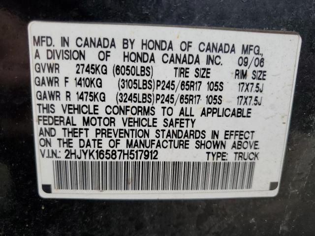 2HJYK16587H517912 - 2007 HONDA RIDGELINE RTL BLACK photo 12