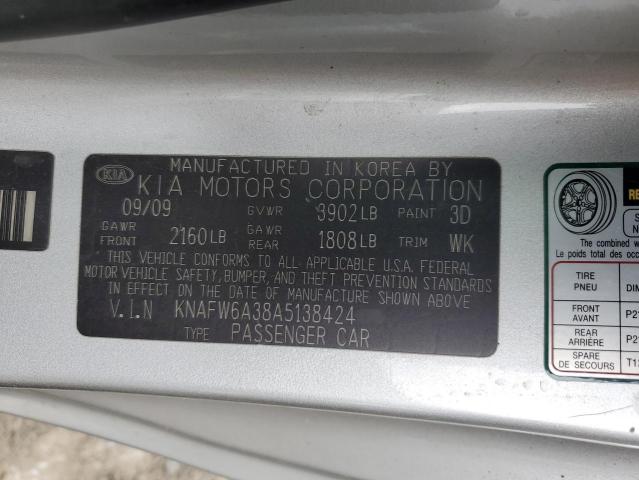 KNAFW6A38A5138424 - 2010 KIA FORTE SX SILVER photo 12