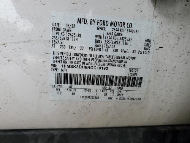 1FMSK8DH6NGC10193 - 2022 FORD EXPLORER XLT WHITE photo 14