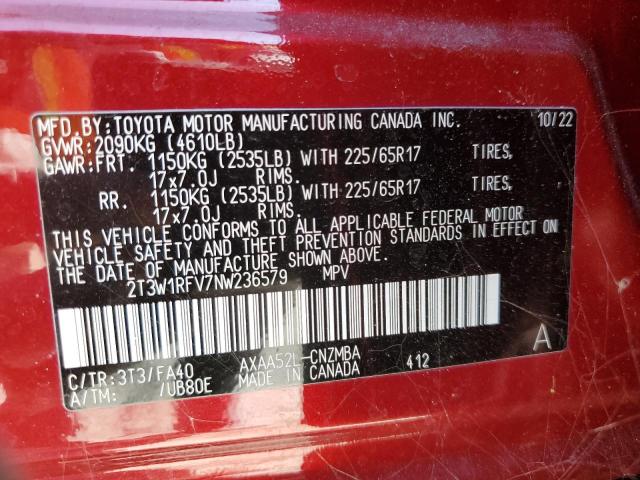 2T3W1RFV7NW236579 - 2022 TOYOTA RAV4 XLE RED photo 12