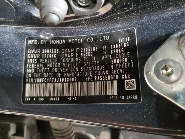 JHMFC1F7XJX018993 - 2018 HONDA CIVIC EXL ლურჯი ფოტო 13