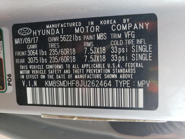 KM8SMDHF8JU262464 - 2018 HYUNDAI SANTA FE SE SILVER photo 12