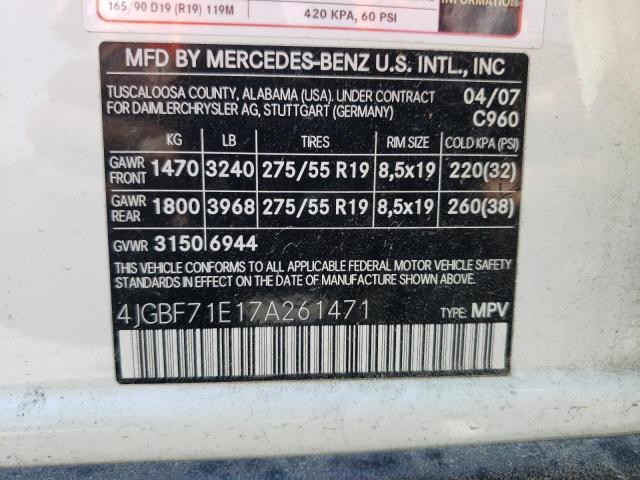 4JGBF71E17A261471 - 2007 MERCEDES-BENZ GL 450 4MATIC WHITE photo 13