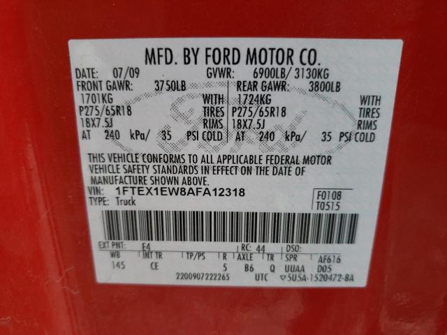 1FTEX1EW8AFA12318 - 2010 FORD F150 SUPER CAB RED photo 12