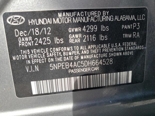 5NPEB4AC5DH664528 - 2013 HYUNDAI SONATA GLS GRAY photo 12