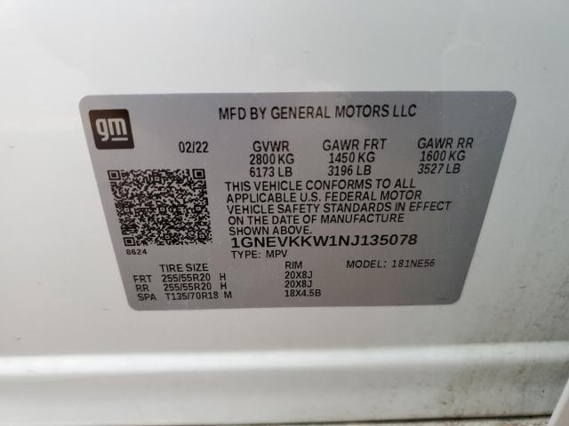 1GNEVKKW1NJ135078 - 2022 CHEVROLET TRAVERSE PREMIER WHITE photo 13