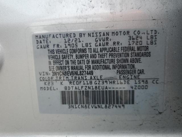 3N1CN8EV6NL827449 - 2022 NISSAN VERSA SV SILVER photo 12