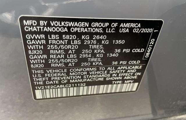 1V21E2CA8LC211132 - 2020 VOLKSWAGEN ATLAS CROS SE GRAY photo 10