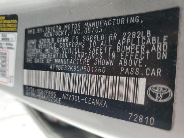 4T1BE32K85U601260 - 2005 TOYOTA CAMRY LE SILVER photo 12