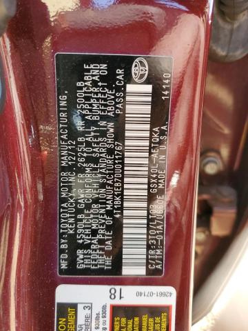 4T1BK1EB7DU011767 - 2013 TOYOTA AVALON BASE 勃艮第红 照片 12