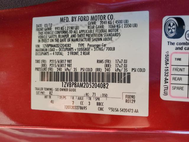 1ZVBP8AM2D5204082 - 2013 FORD MUSTANG RED photo 12