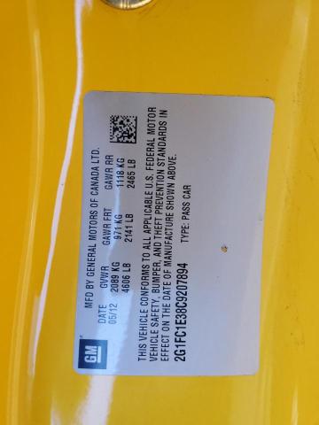 2G1FC1E38C9207894 - 2012 CHEVROLET CAMARO LT YELLOW photo 12