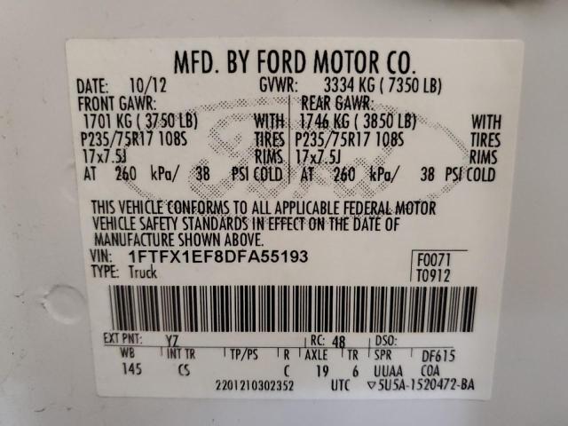 1FTFX1EF8DFA55193 - 2013 FORD F150 SUPER CAB WHITE photo 12