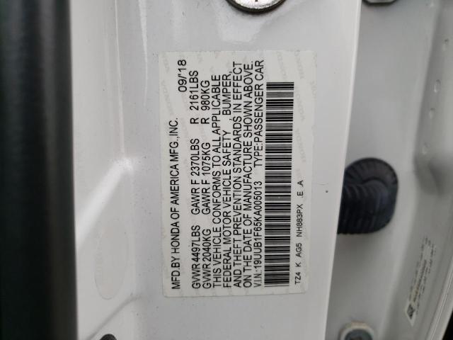 19UUB1F65KA005013 - 2019 ACURA TLX TECHNOLOGY WHITE photo 10