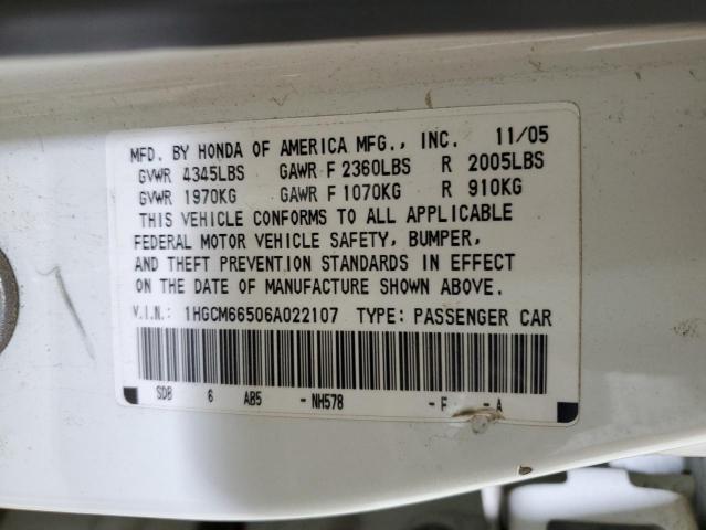 1HGCM66506A022107 - 2006 HONDA ACCORD EX WHITE photo 12